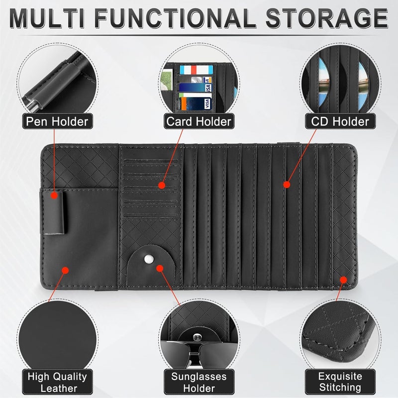 alpmosn Sun Visor CD Case Holder for Car - Multi-Function Visor Organizer with CD/DVD Storage, Eyeglass Clip, Card Slots & Pen Holder, Durable Leather Car Accessories (Black) - Image 3
